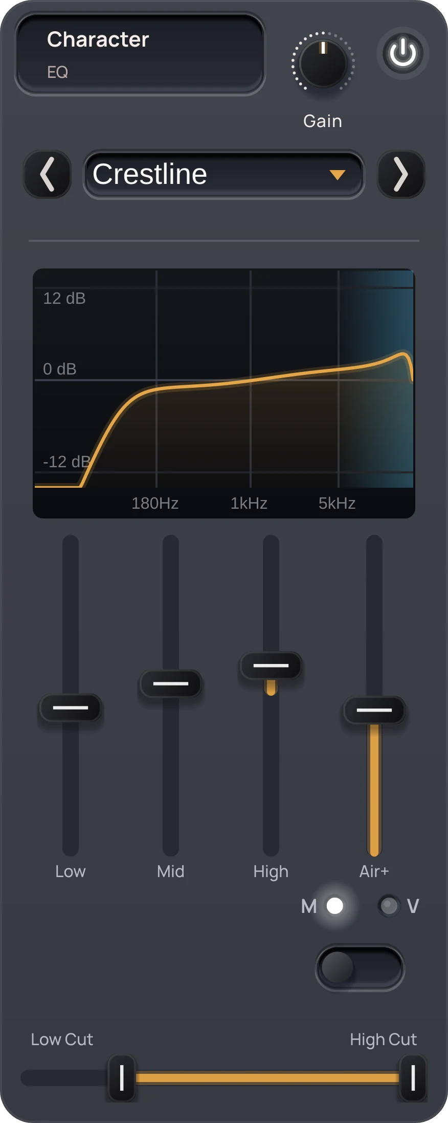 KHANTA Character module: four-slider EQ with live curve